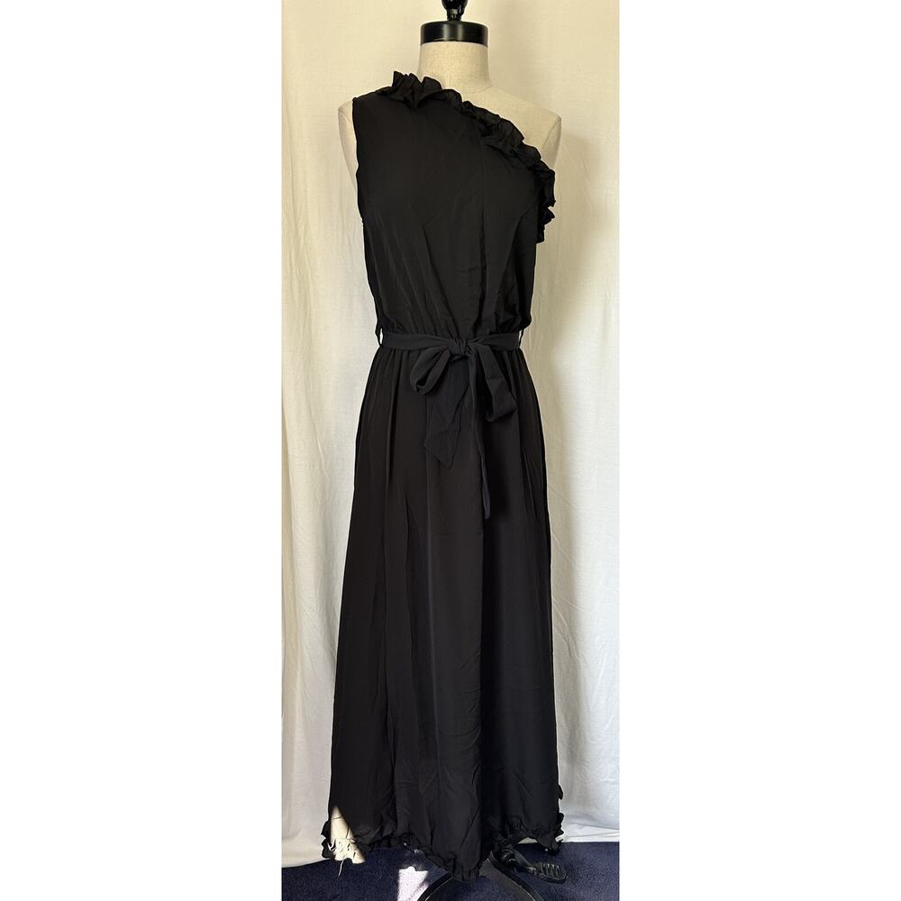 C+D+M Black One Shoulder Midi Ruffle Polyester Spandex Dress Belt Womens M